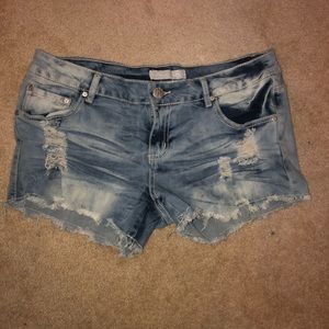 Distressed denim shorts